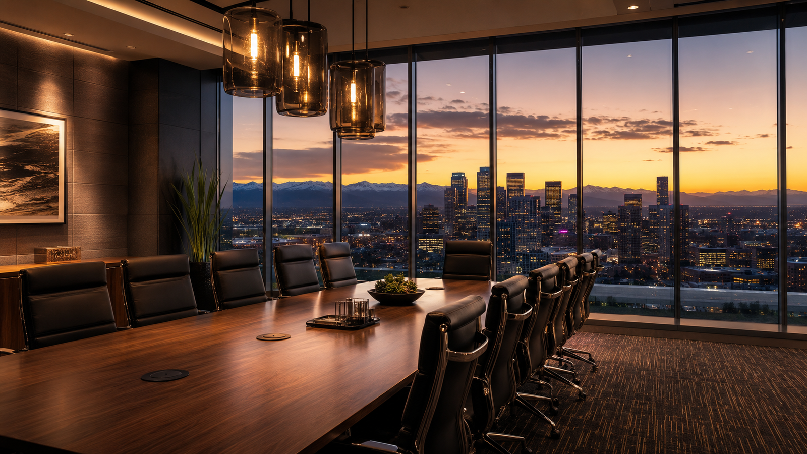 Executive boardroom overlooking Denver at golden hour